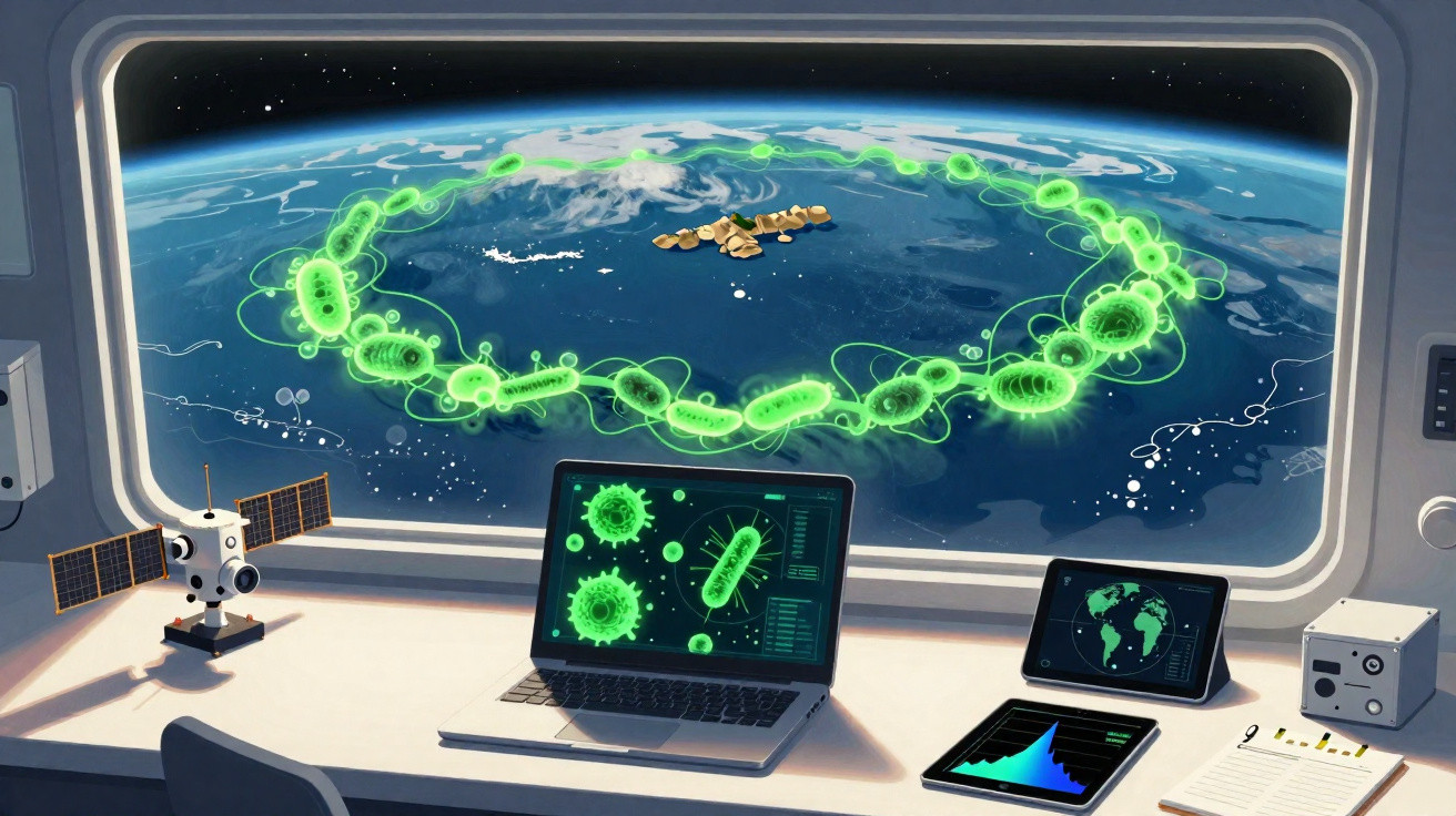 Estação espacial observa bactérias verdes flutuantes em torno da Terra com equipamentos tecnológicos modernos.