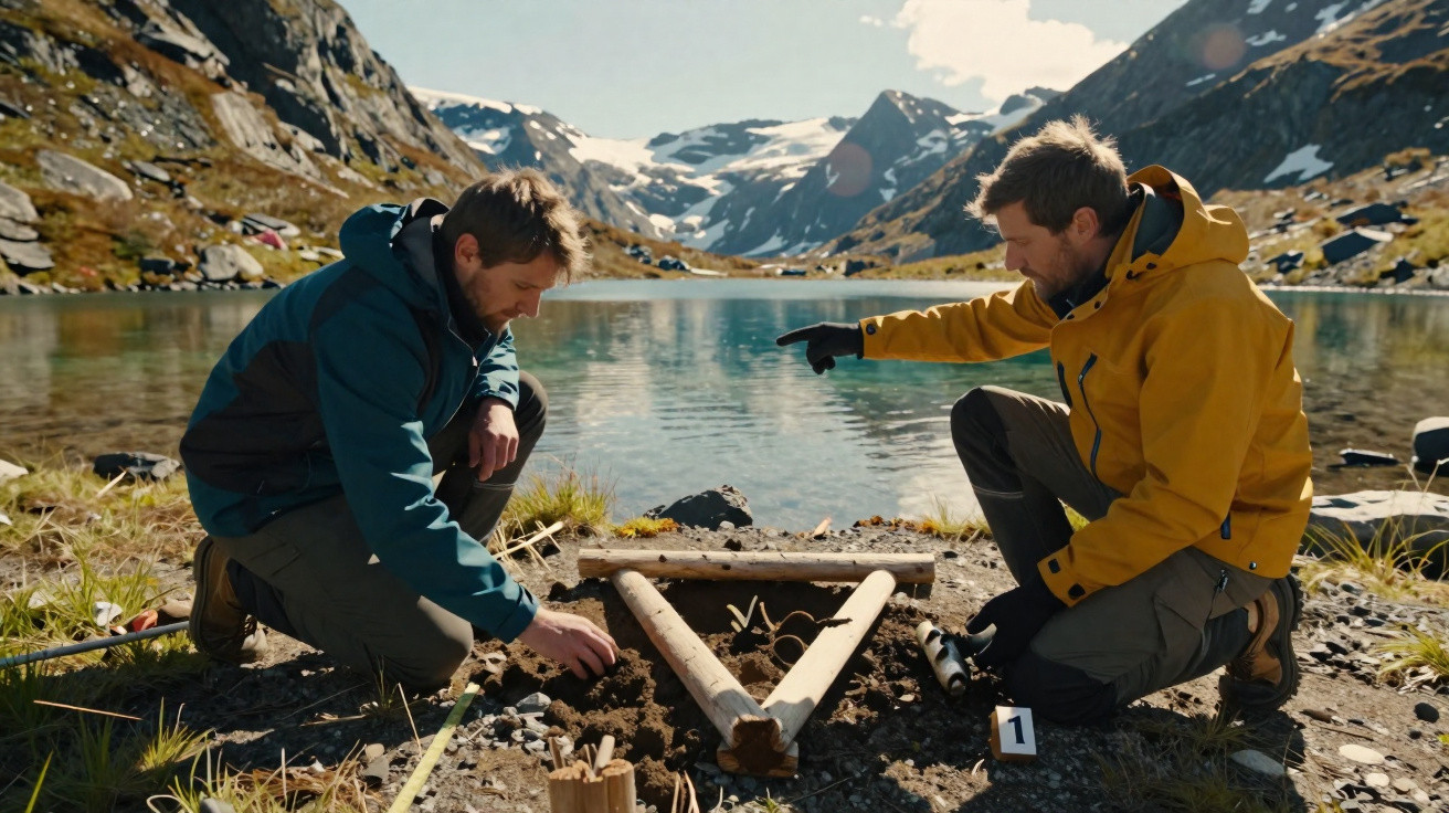 Dois homens agachados perto de um lago em paisagem montanhosa, investigando uma estrutura triangular de madeira.
