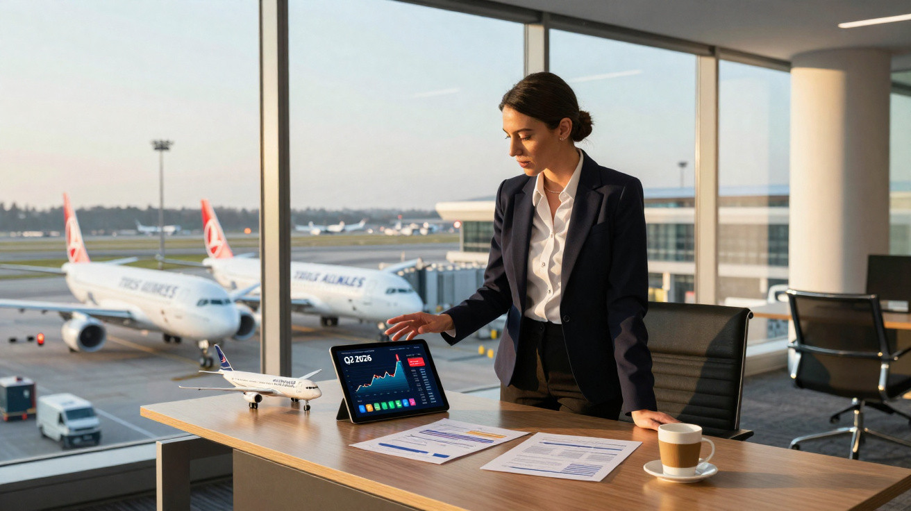 Mulher de negócios em escritório com vista para aeroporto, analisando gráficos em tablet, ao lado de modelo de avião.