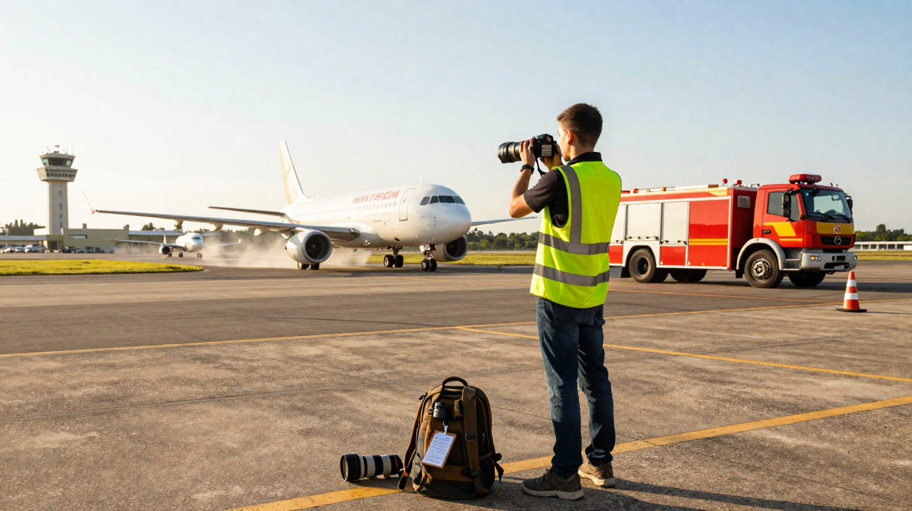 Fotógrafo com colete refletivo tirando foto de avião na pista de aeroporto com caminhão de bombeiros ao fundo.
