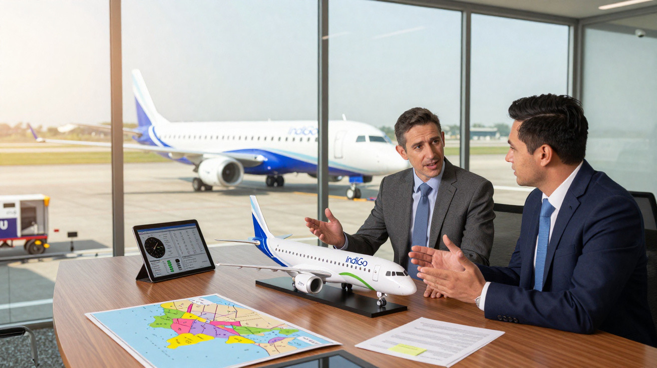 Dois homens em terno discutem estratégias com maquete de avião e mapa em sala com visão de pista e avião.