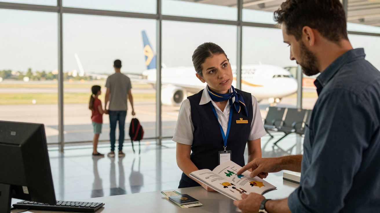Funcionária de companhia aérea atende passageiro no balcão do aeroporto, com avião ao fundo.