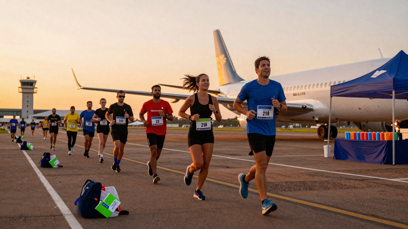 Grupo de corredores participando de corrida em pista de aeroporto ao entardecer.