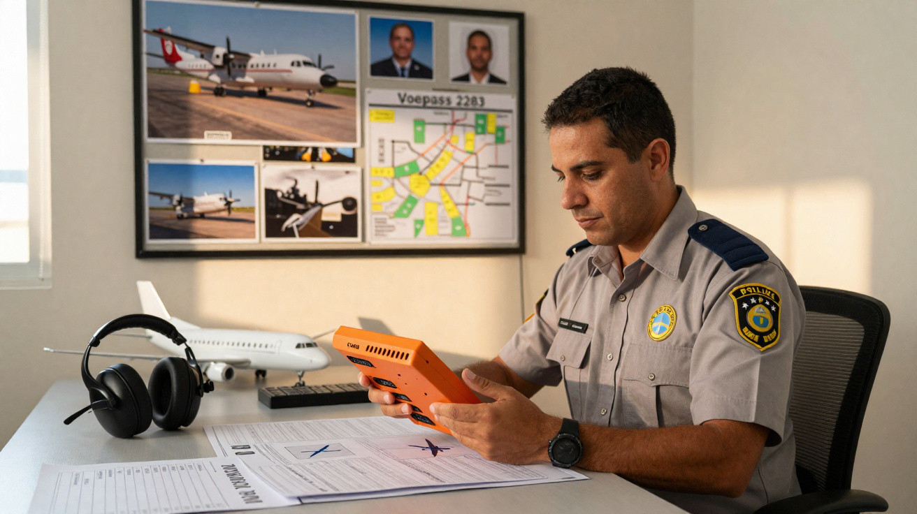 Homem uniformizado da polícia federal analisando documentos e aparelho em escritório aéreo.