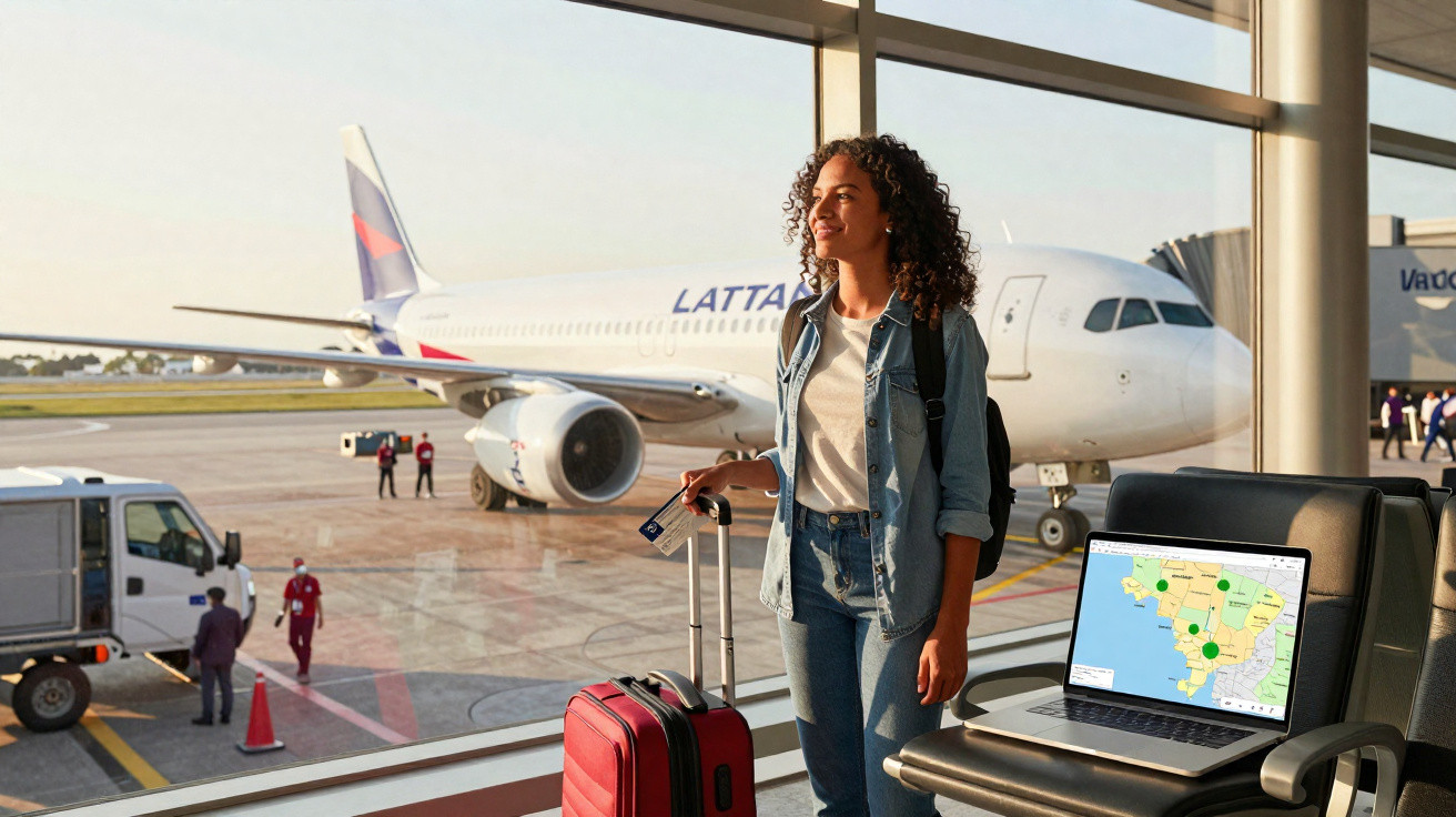 Mulher com mala vermelha esperando no aeroporto próximo a janela com avião ao fundo e notebook com mapa aberto.