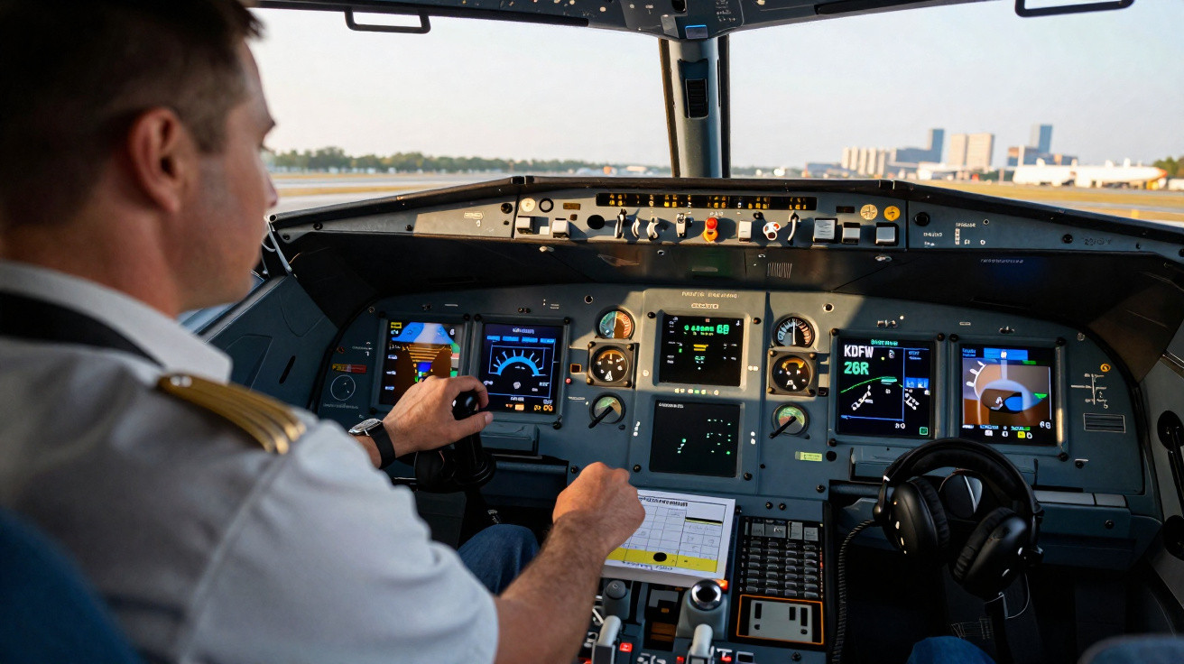 Piloto masculino operando os controles no cockpit de um avião com instrumentos digitais e vista da pista.