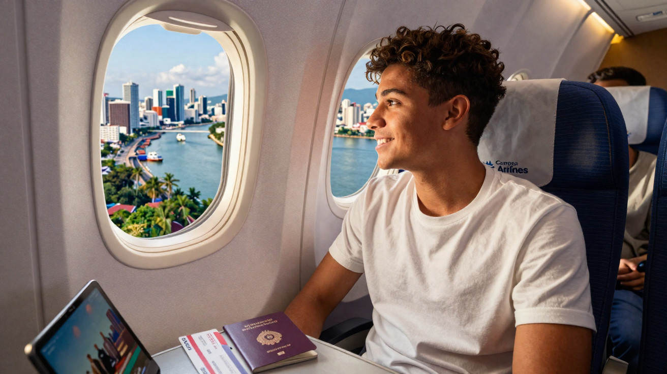 Jovem com camisa branca olha pela janela do avião com cidade e rio ao fundo, com passaporte e laptop à frente.
