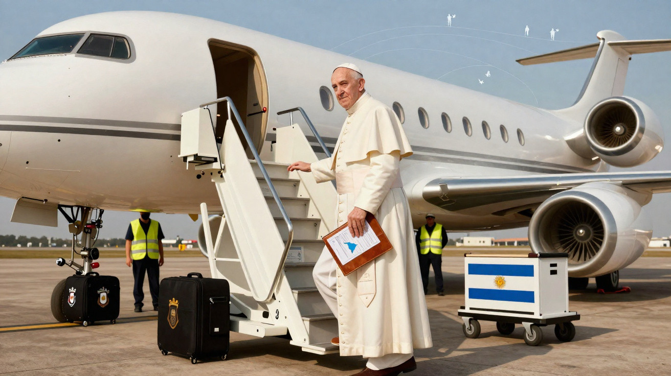 Papa Francisco subindo a escada para entrar em avião particular no aeroporto, segurando documento.