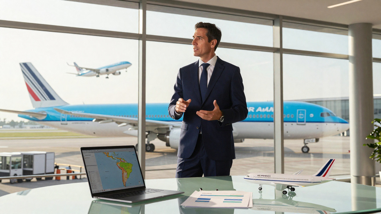 Homem de terno em escritório no aeroporto, com avião ao fundo e laptop mostrando mapa na mesa.
