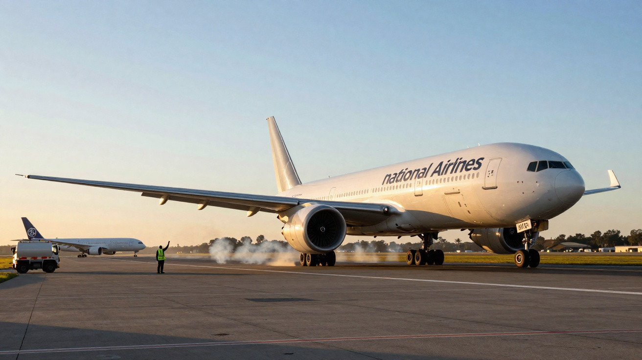 Avião da National Airlines pousando em pista com fumaça nos pneus ao toque no chão ao pôr do sol.