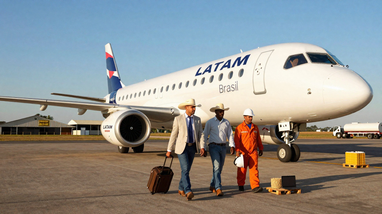 Avião LATAM Brasil no aeroporto com três homens caminhando na pista ao lado da aeronave.