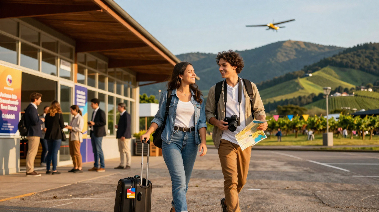 Casal jovem caminhando com bagagem e mapa em aeroporto regional com avião ao fundo e pessoas conversando.