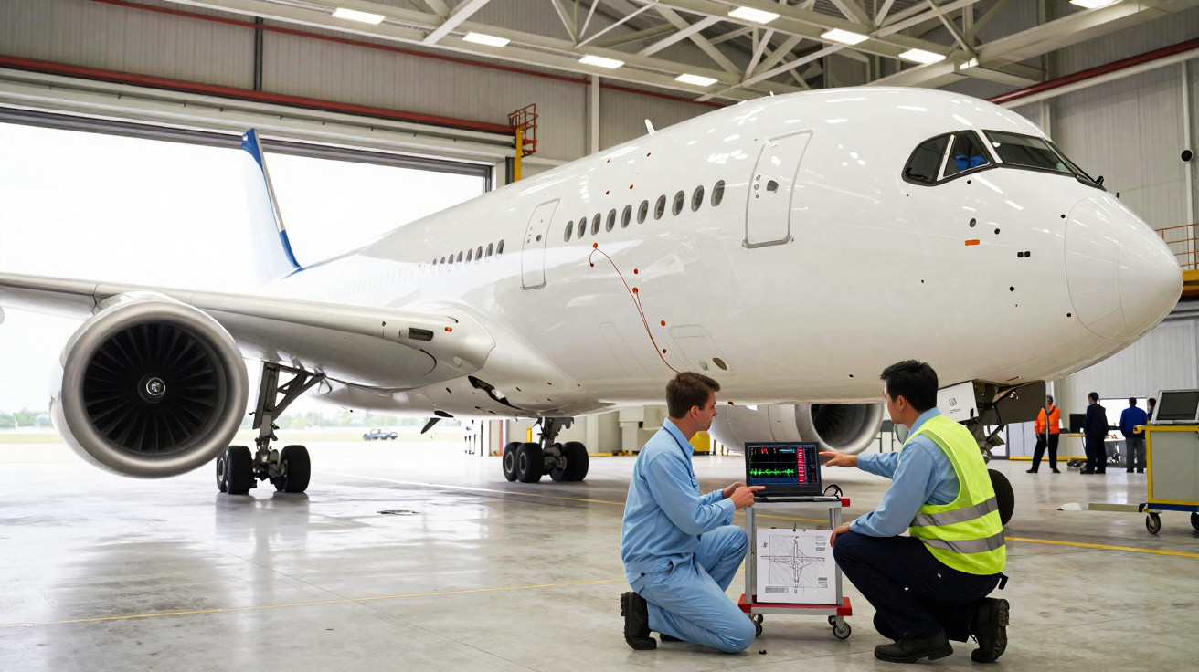 Técnicos em uniforme azul e colete refletivo inspecionando dados no computador em frente a avião branco dentro de hangar.