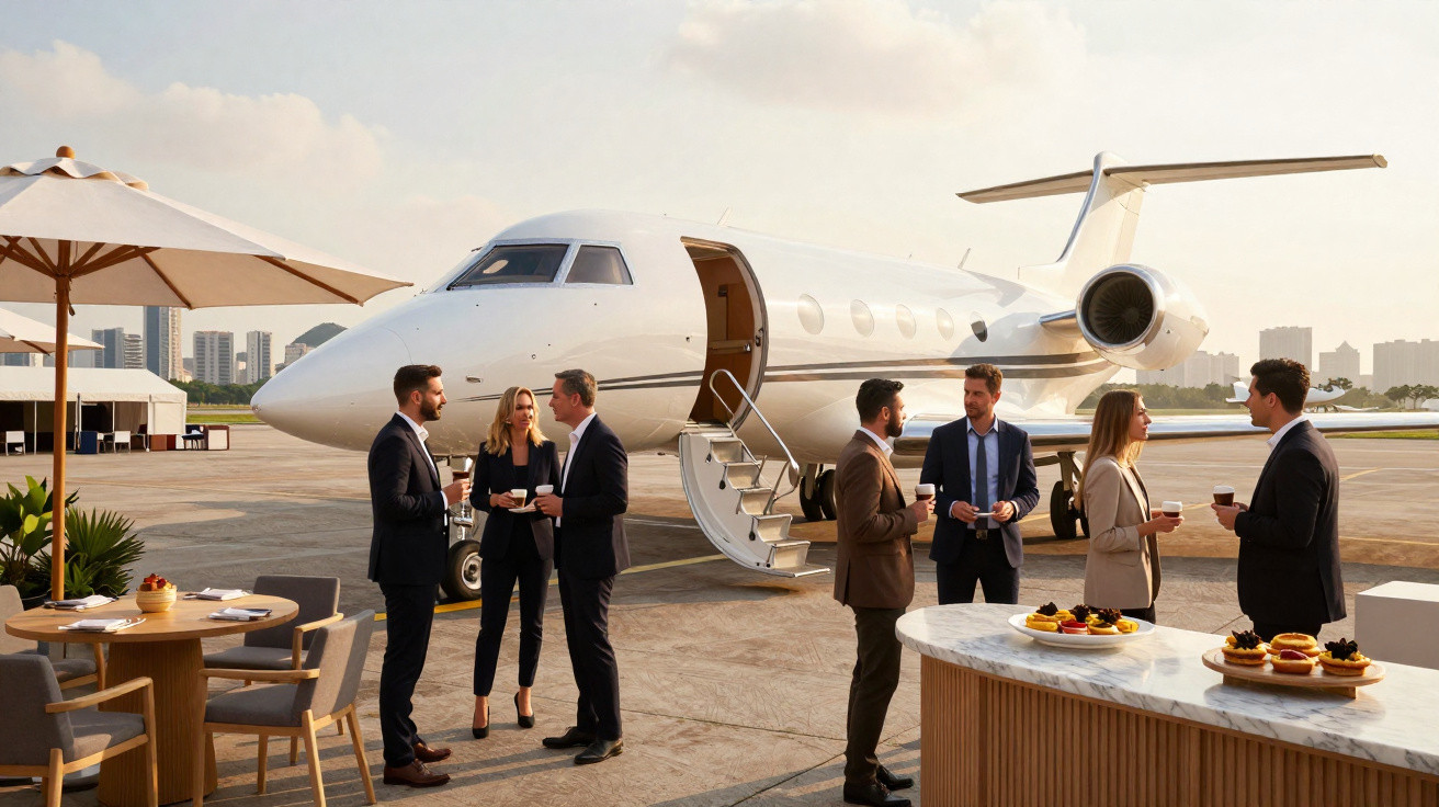 Pessoas vestidas formalmente conversando ao redor de um jatinho privado em um aeroporto ao pôr do sol.