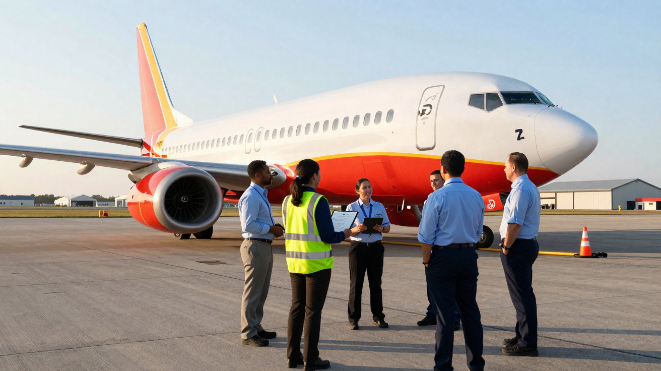 Grupo de cinco profissionais em reunião ao lado de avião no pátio de aeroporto ao entardecer.