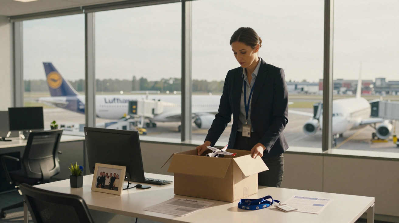 Mulher arrumando caixa em escritório com janelas grandes e aviões da Lufthansa ao fundo.