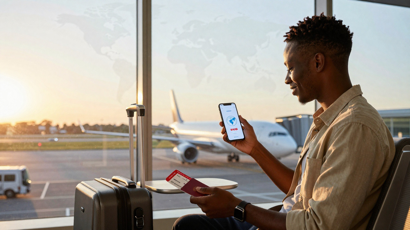 Homem sentado no aeroporto com passaporte, celular e malas, avião ao fundo no portão.