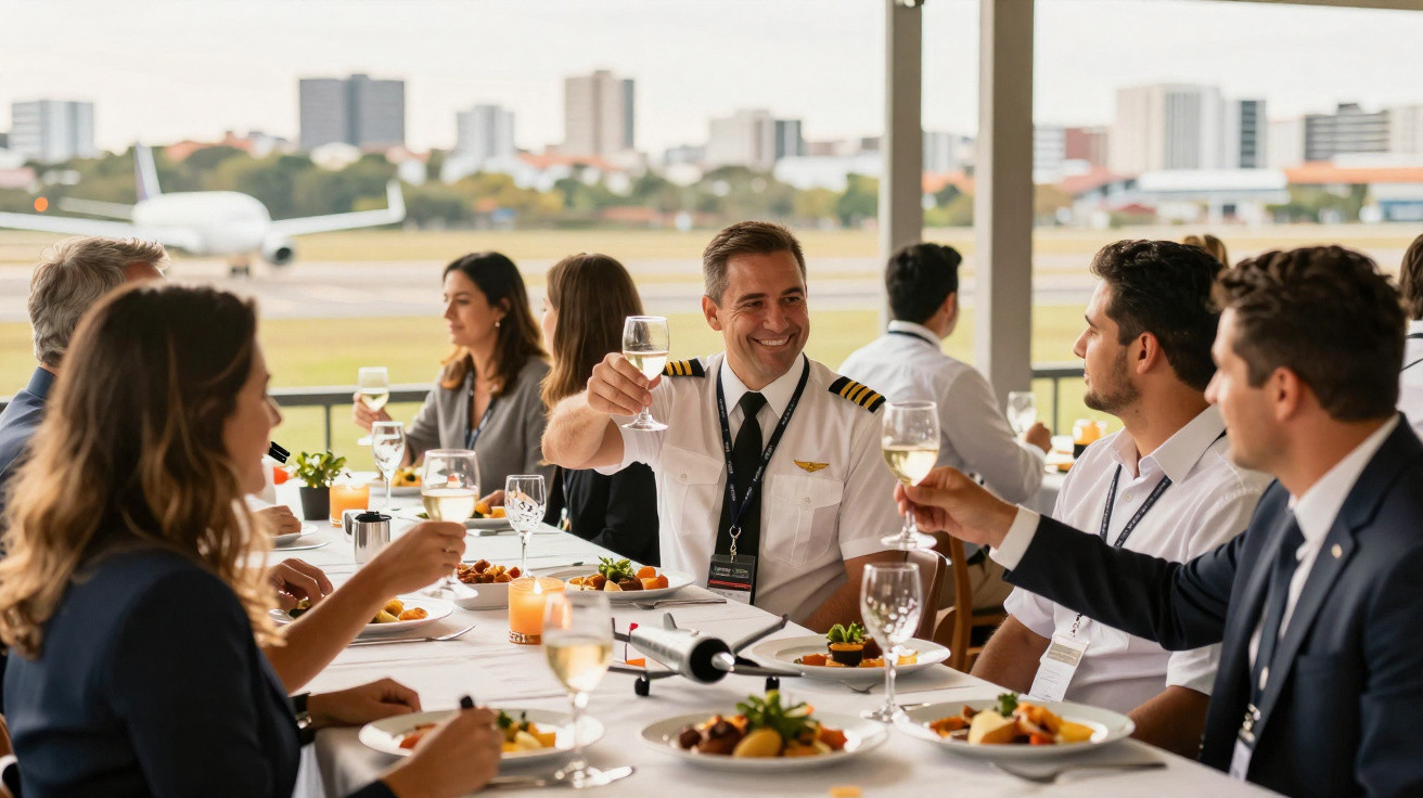 Piloto e equipe em jantar comemoração com taças de vinho branco em restaurante próximo ao aeroporto.