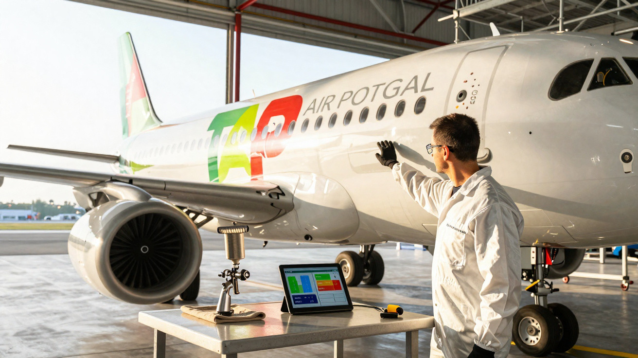 Técnico em uniforme branco inspeciona avião da TAP Air Portugal dentro de hangar com equipamento e tablet.