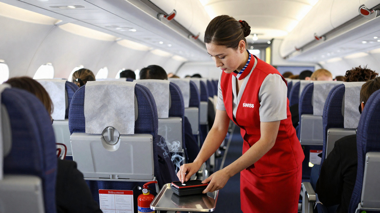 Comissária de bordo vestindo uniforme vermelho servindo comida em avião com passageiros a bordo.