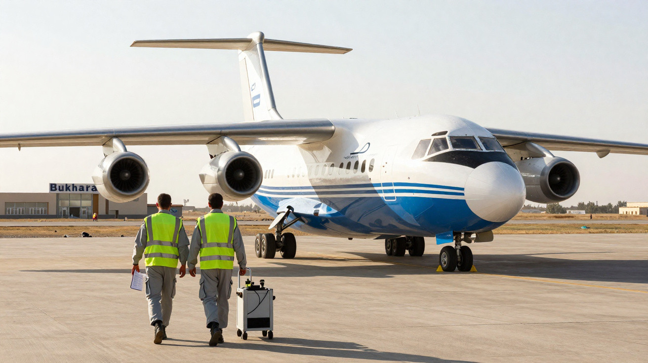Dois trabalhadores com coletes refletivos caminham em direção a um avião no aeroporto de Bukhara.