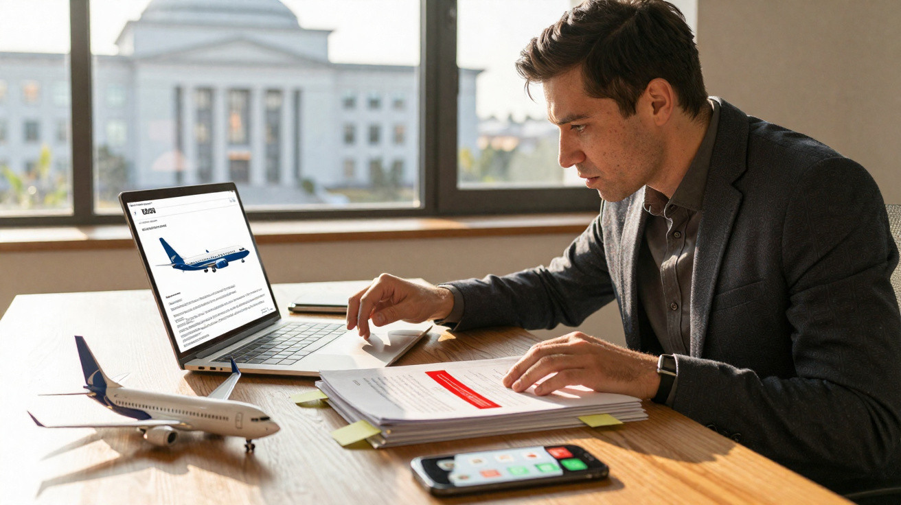 Homem em terno revisa documentos numa mesa com modelo de avião, celular e laptop com imagem de avião.