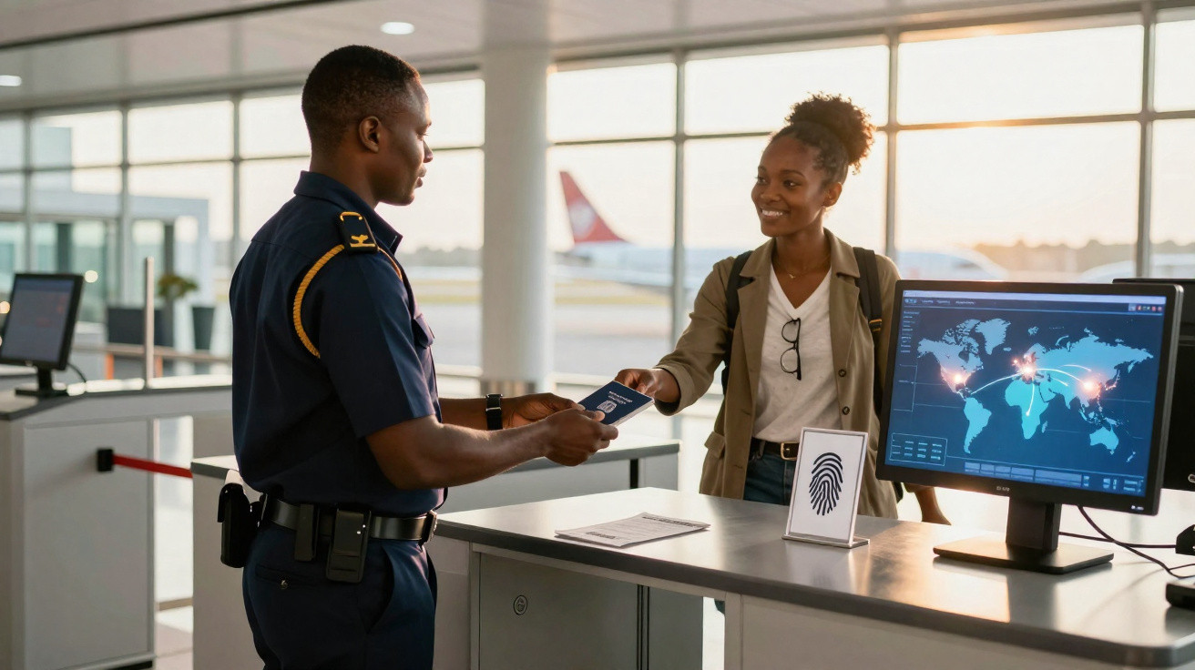 Agente de segurança confere passaporte de mulher sorridente no balcão do aeroporto.
