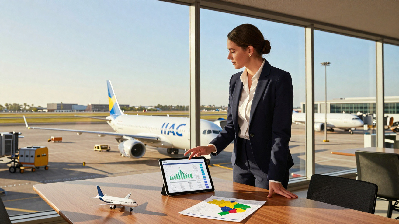 Mulher em terno analisando gráficos em tablet com avião e pista visíveis por janela no fundo.