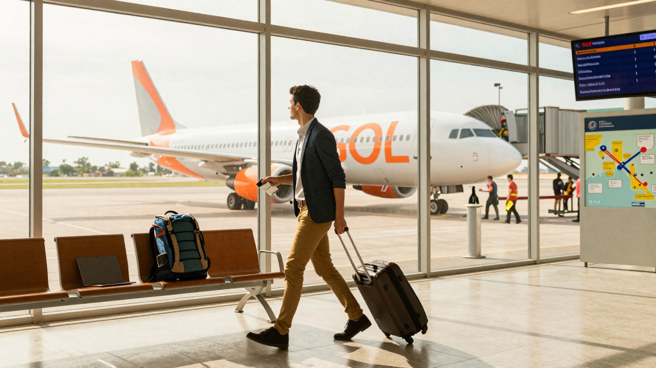 Homem com mala de rodinhas caminha no aeroporto com avião da Gol ao fundo na pista.