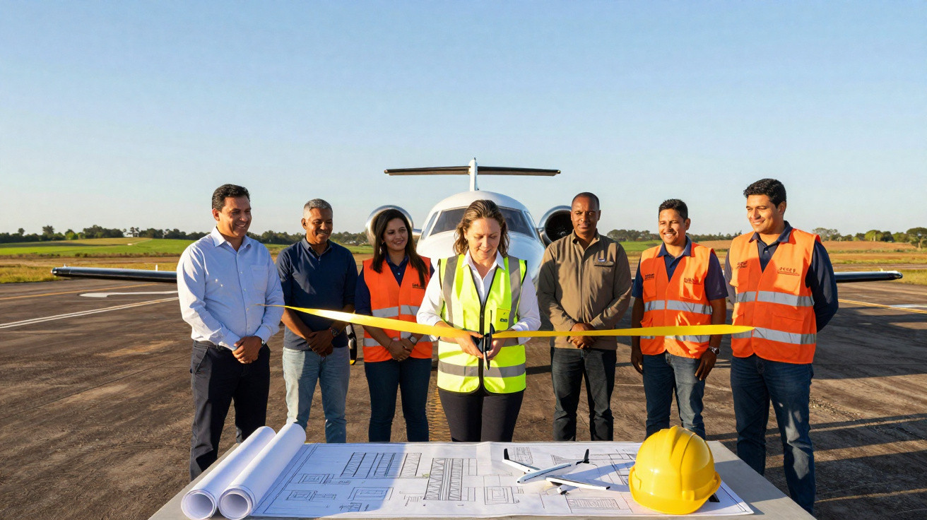 Mulher corta fita amarela em evento com grupo ao lado, avião e mesa com plantas e capacete amarelo no aeroporto.