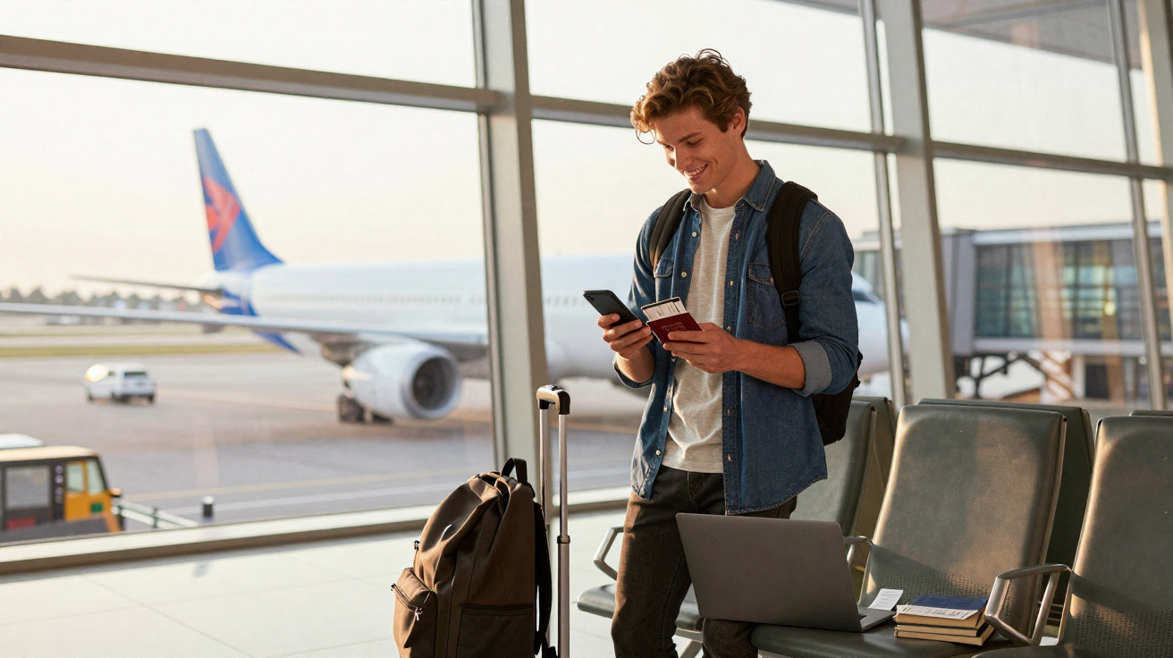 Jovem com mochila e mala verifica passaporte e celular em aeroporto com avião ao fundo.