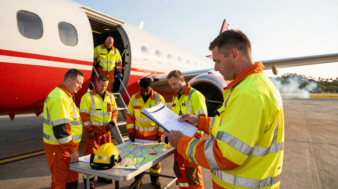Equipe de emergência em uniformes refletivos revisa plano ao lado de avião no aeroporto ao amanhecer.