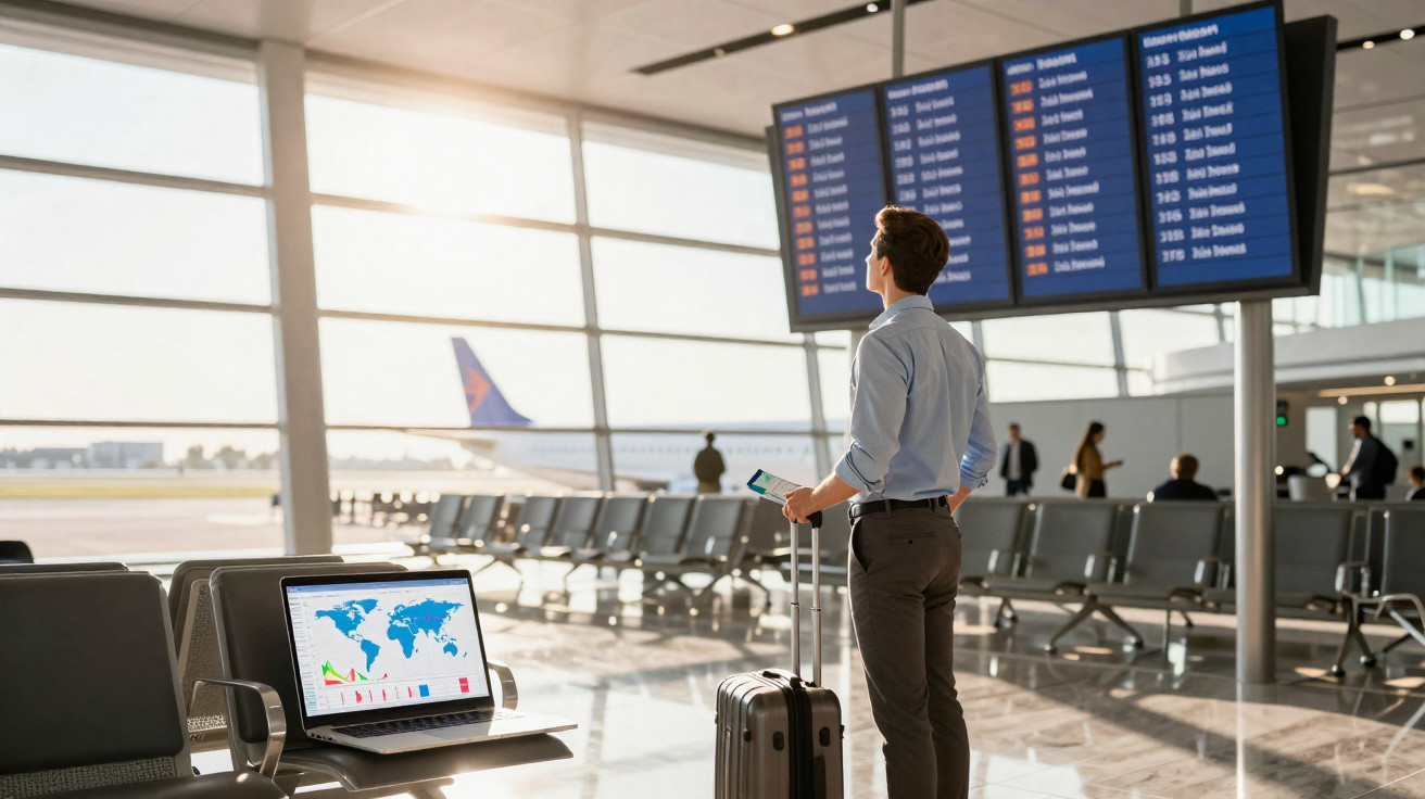 Homem com mala observa painel de voos em aeroporto iluminado, com laptop aberto ao lado.