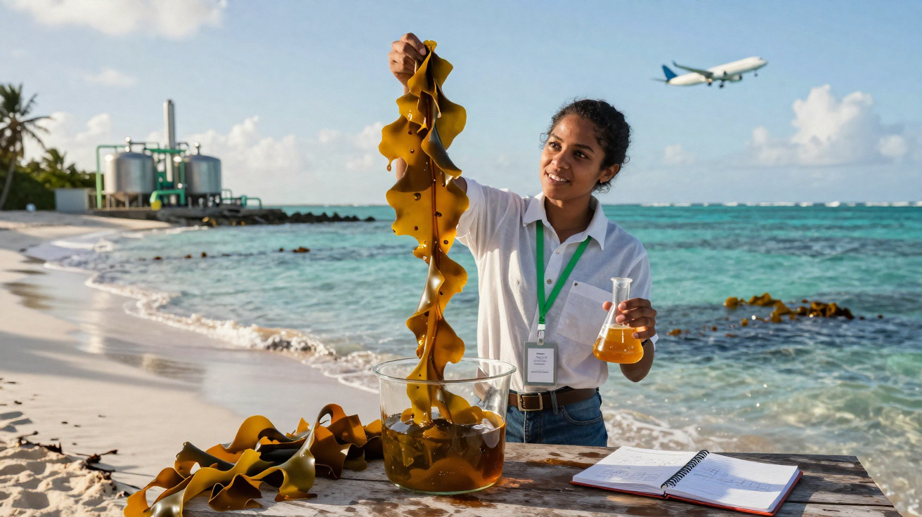 Pesquisadora coleta algas marinhas em pote na praia com avião pousando ao fundo, à beira do mar.
