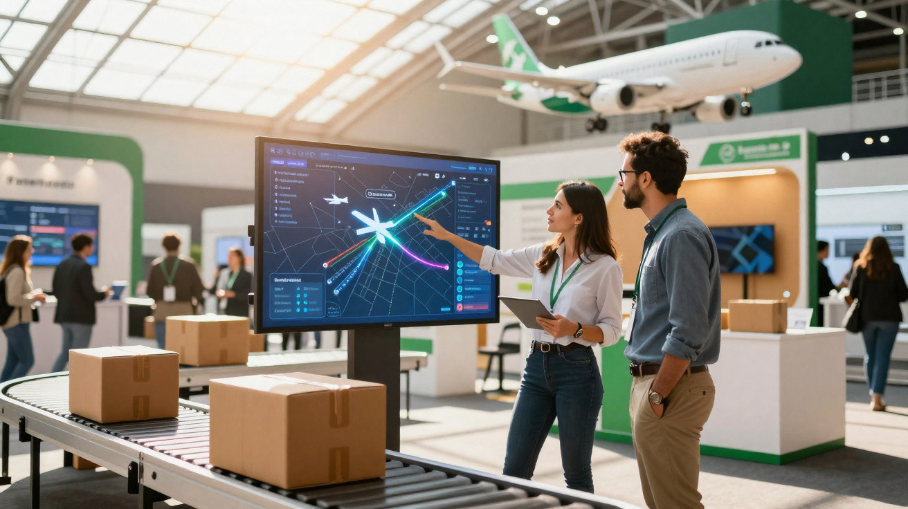 Profissionais analisando rotas aéreas em tela digital em feira de logística com embalagem e avião ao fundo.