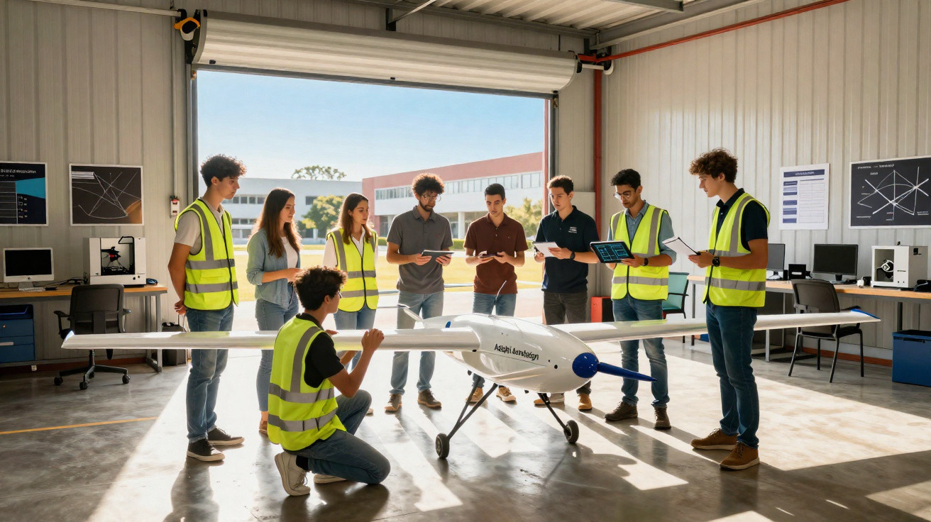 Grupo de jovens em coletes refletivos ao redor de um drone grande em oficina tecnológica.