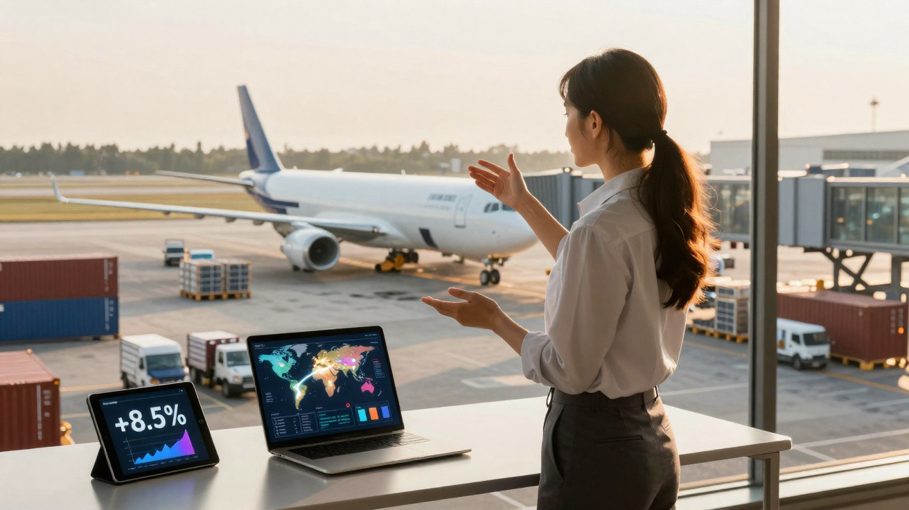 Mulher de negócios em aeroporto observando avião com gráficos de crescimento em telas à frente.