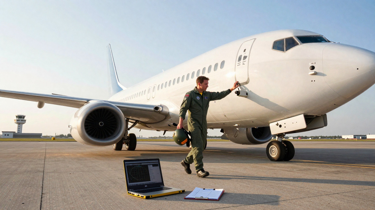 Homem com macacão verde caminha ao lado de avião branco parado na pista com laptop e prancheta no chão.