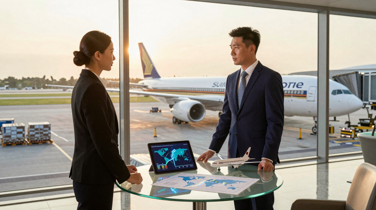 Dois profissionais conversam em aeroporto próximo a mesa com mapas, modelo de avião e tablet exibindo gráficos.