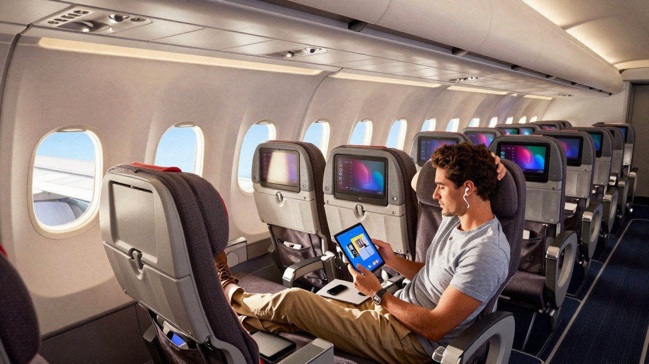 Homem relaxando em poltrona de avião com tablet e fones, luz natural pelas janelas durante o voo.