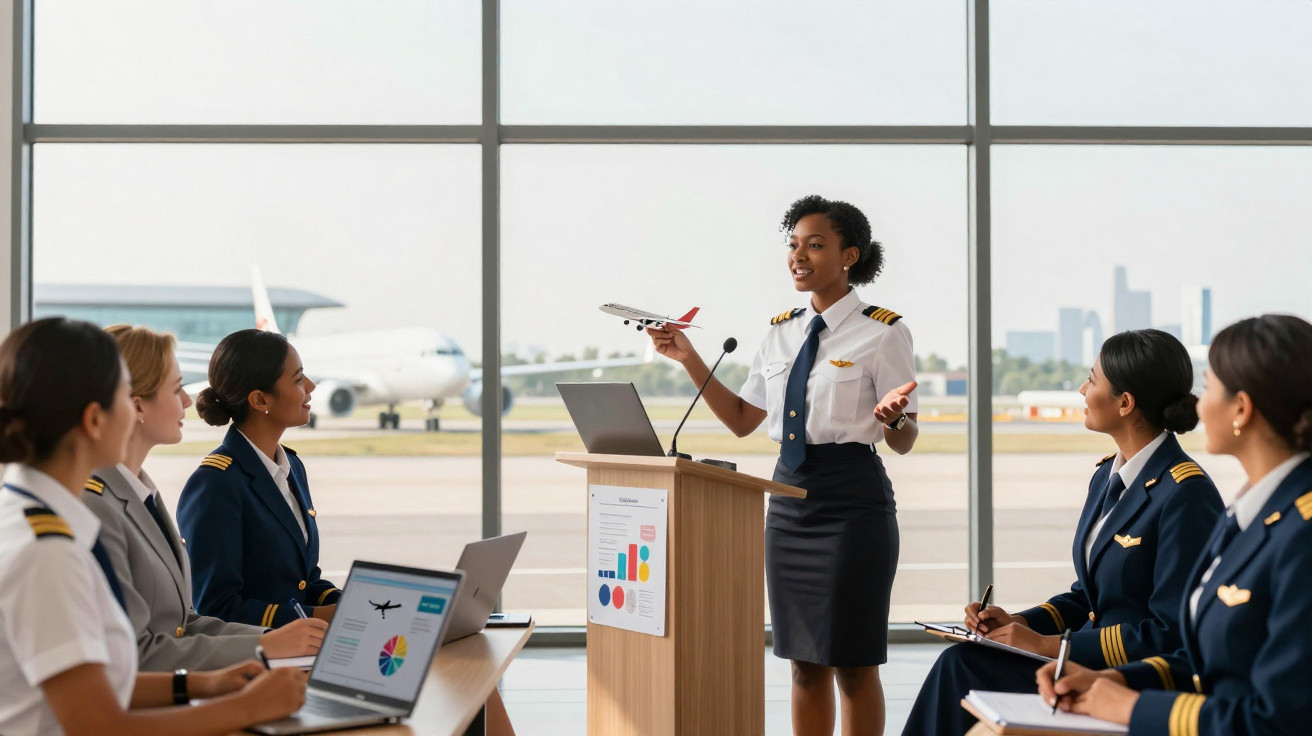 Mulher piloto negra apresenta maquete de avião para grupo de pilotos em sala com janela para pista do aeroporto.