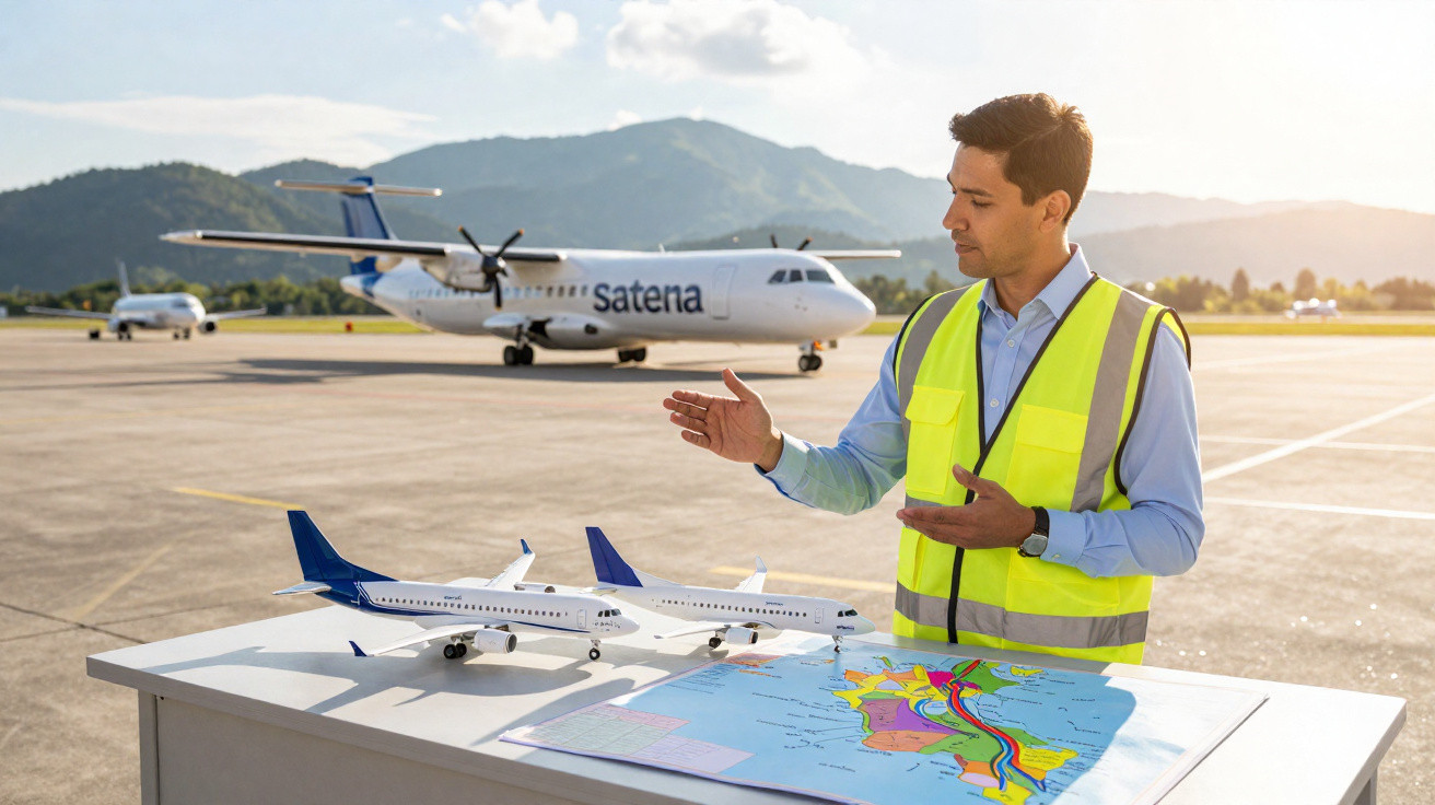 Homem com colete refletivo apresenta modelos de aviões e mapa em pista com avião real ao fundo.
