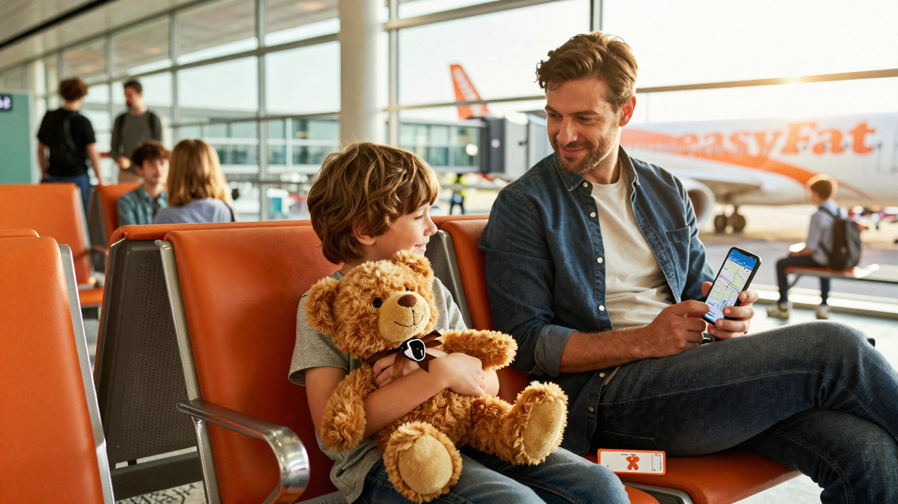 Homem e menino sentados em aeroporto com urso de pelúcia, avião easyJet ao fundo.