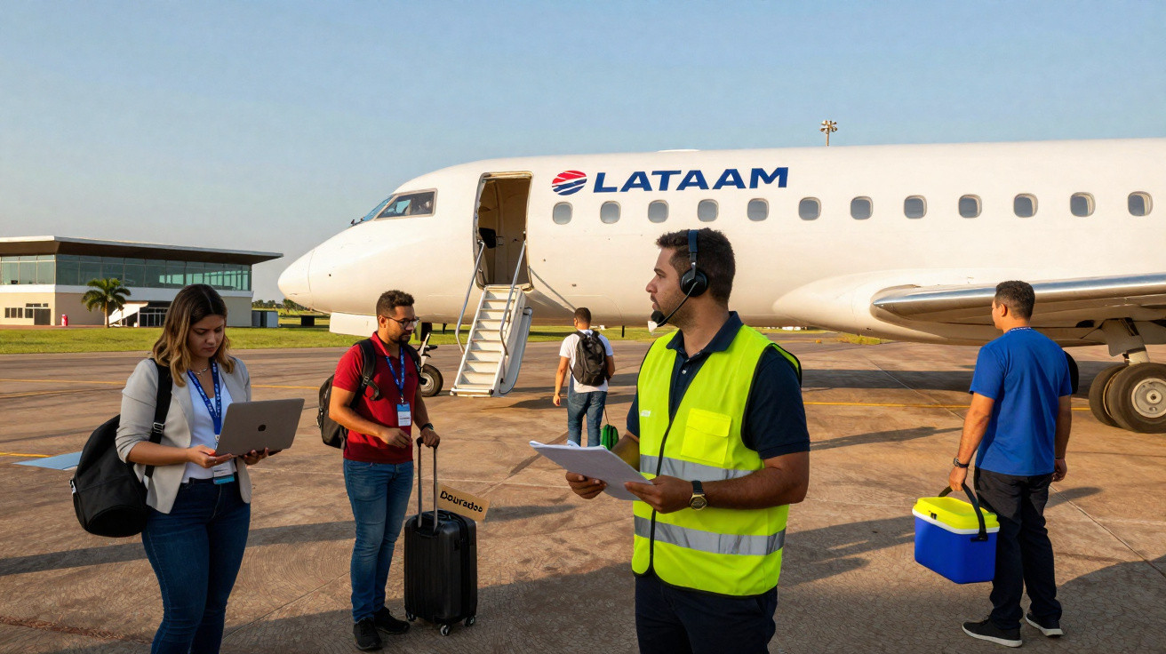 Passageiros e funcionário com colete refletivo ao lado de avião da LATAM em pista de aeroporto.