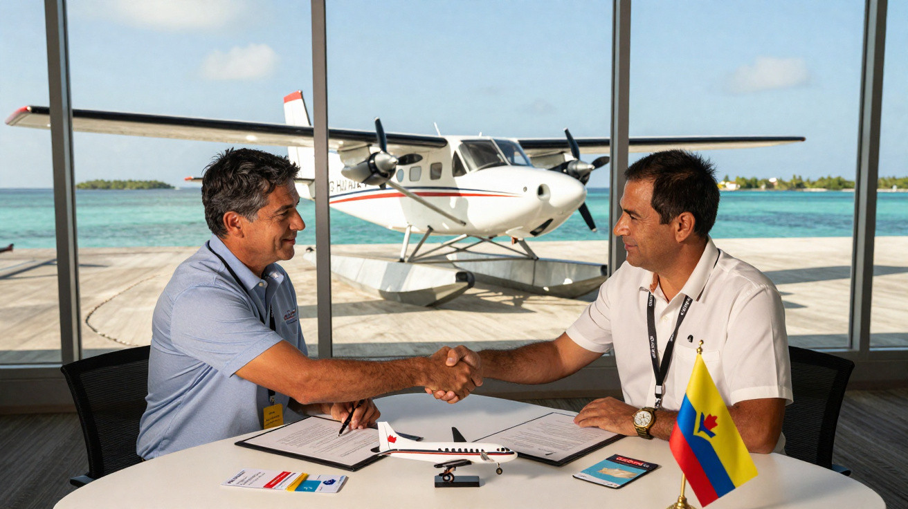 Dois homens apertando as mãos em mesa com documentos, miniatura de avião e janela para hidroavião no cais.