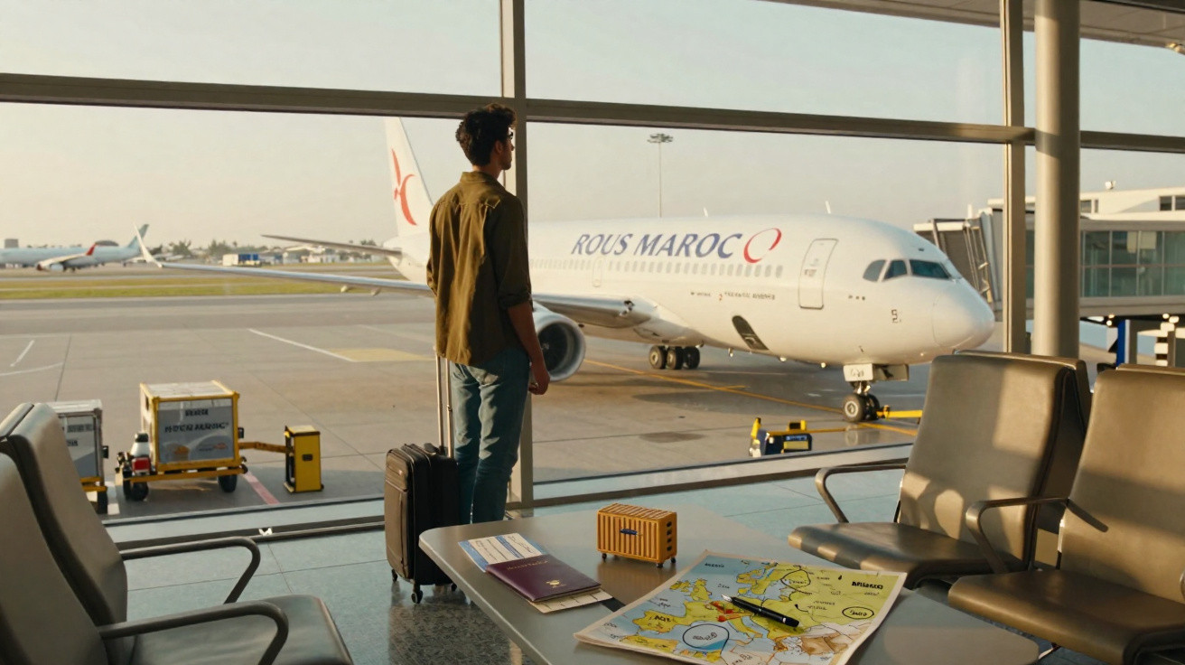 Homem com mala olhando avião da Royal Air Maroc pelo vidro no aeroporto ao entardecer.