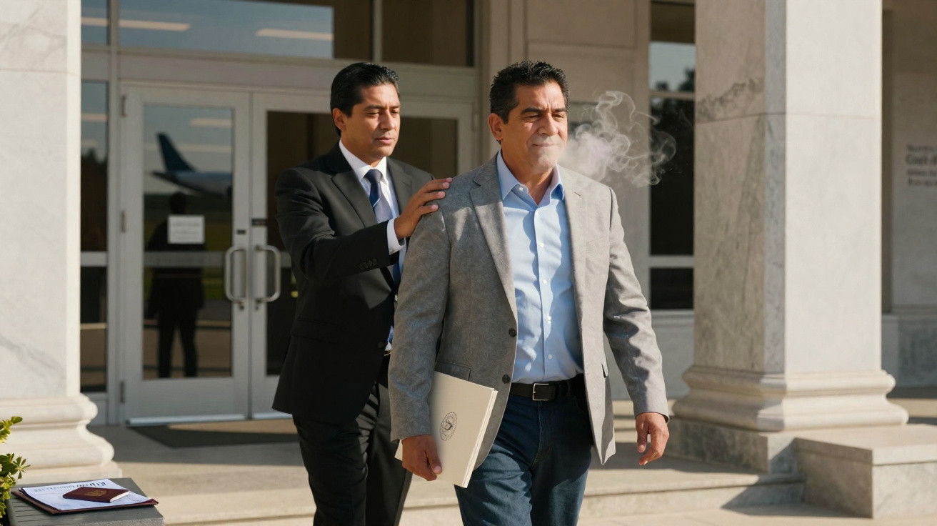 Dois homens vestidos formalmente saem de um prédio público, um deles segurando uma pasta e fumando.