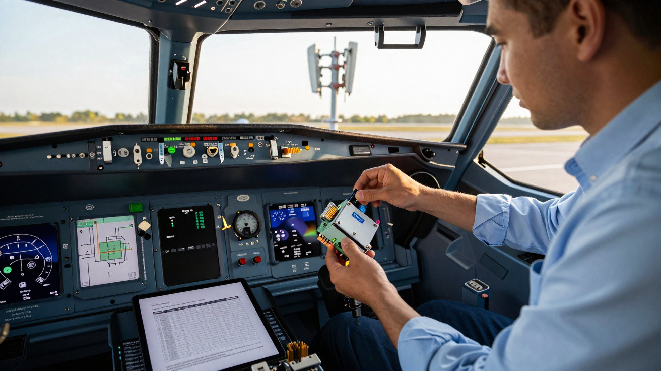 Piloto ajustando dispositivo eletrônico no cockpit de avião em solo, com painel digital visível.