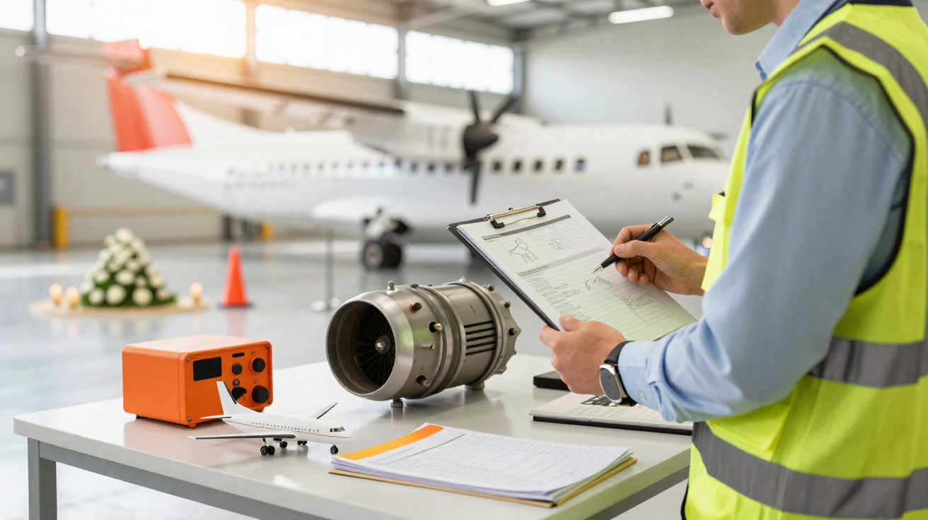 Técnico em colete refletivo conferindo documento em hangar com motor de avião e modelo reduzido na mesa.