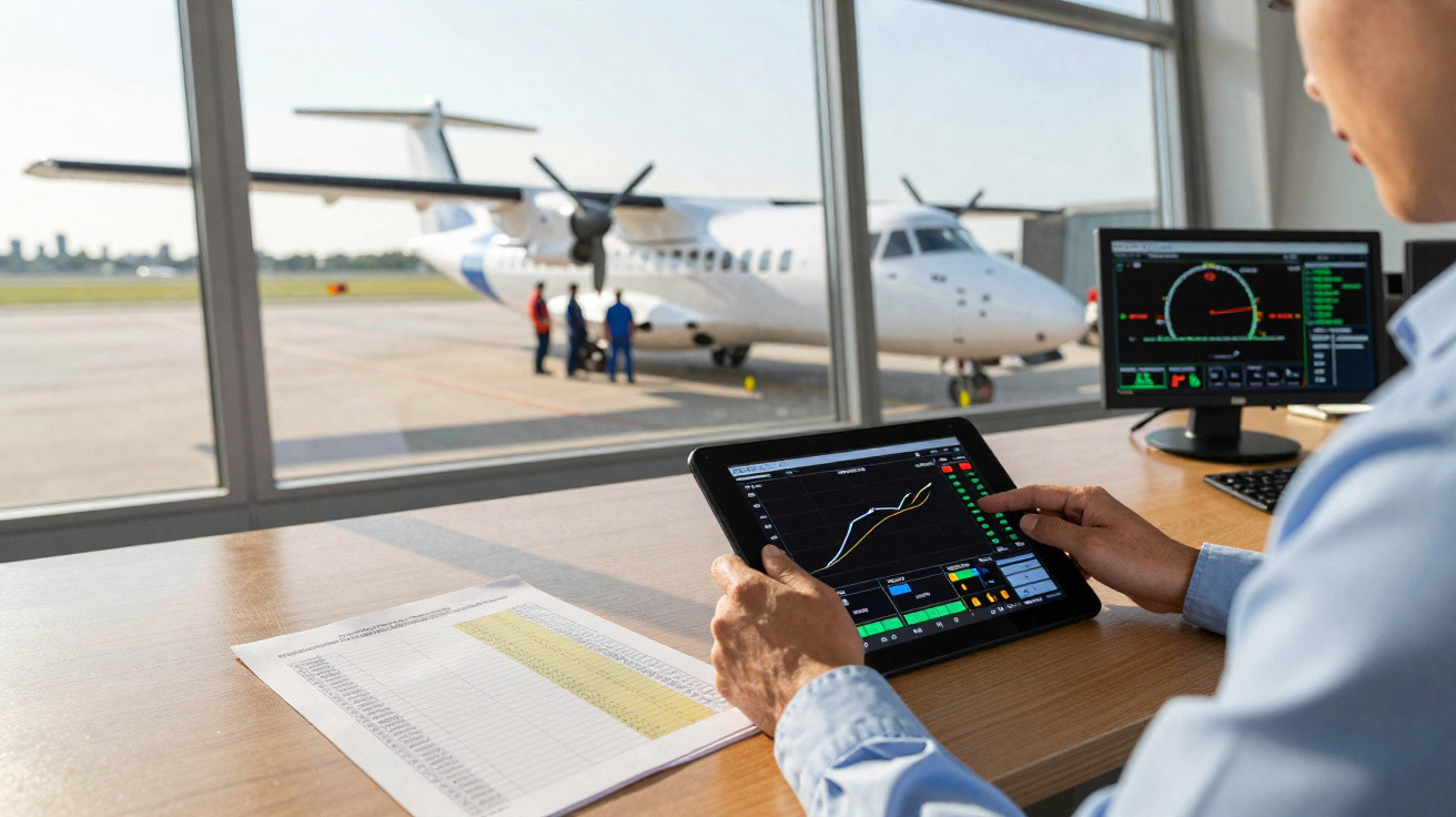 Pessoa manuseando tablet com gráficos em mesa próxima a janela com vista para avião e trabalhadores no aeroporto.